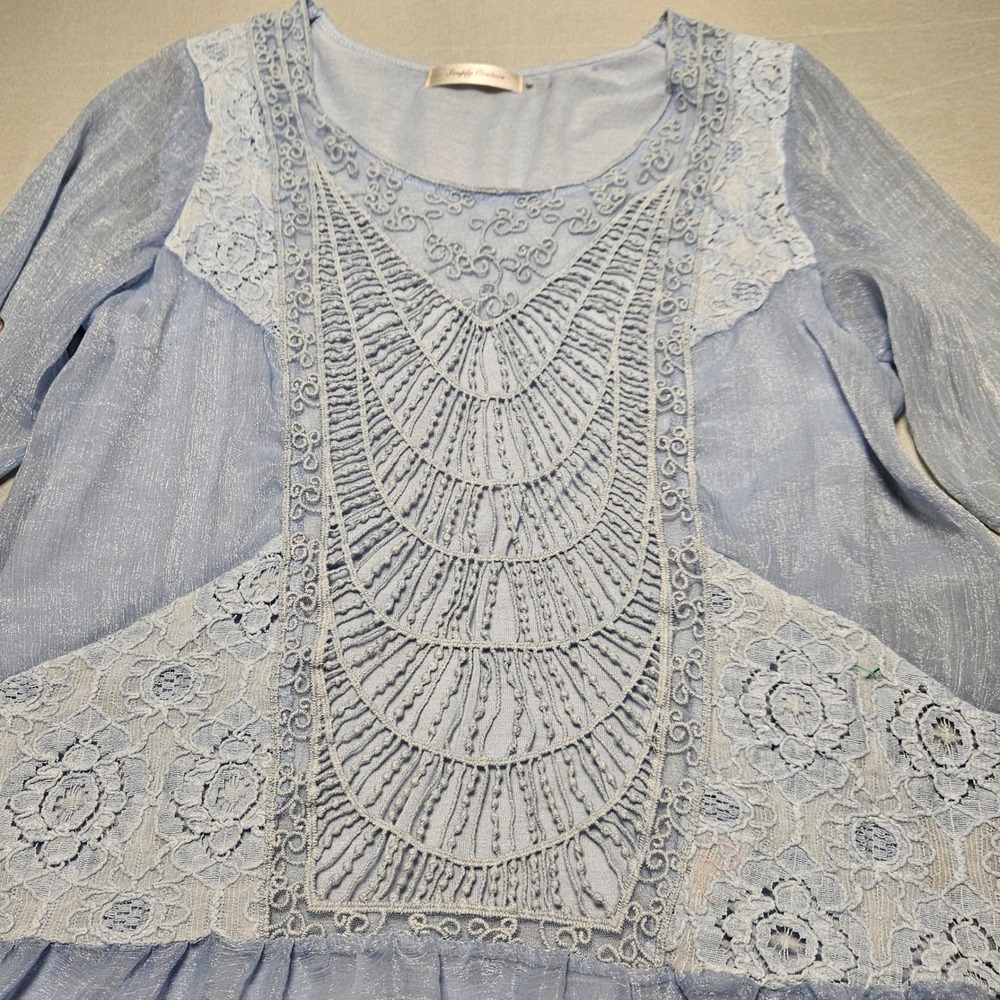 Simply Couture Tunic‎ Dress Womens Small Blue Lace Boho Metallic Roll Tab Sleeve